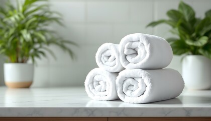 Four neatly stacked white towels, symbolizing cleanliness and organization in a fresh, tidy environment