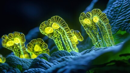 Fototapeta premium A microscopic view of chloroplasts performing photosynthesis, glowing with life