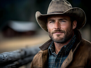 Obraz premium Portrait of a handsome man wearing a cowboy hat and leather jacket.