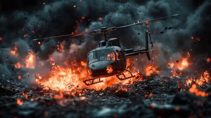 Helicopter Crash Landing Amidst Fiery Inferno: A Dramatic Scene