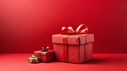 Obraz premium Gift box on a red background with ample space for text, ideal for celebrations or holidays. 