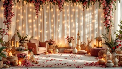 A beautifully decorated room filled with flowers and candles, creating a serene atmosphere for Ramadan celebrations