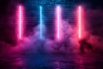 Brick wall, background. Neon red and blue light.
