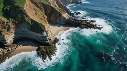 A breathtaking aerial view of steep cliffs meeting the ocean, with waves foaming against the rocks