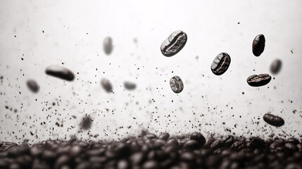 A dynamic shot of coffee beans suspended in mid-air, capturing the essence of freshness and the rich texture of coffee.