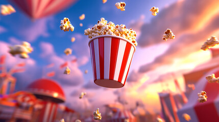 A vibrant bucket of popcorn floats against a colorful sunset, capturing the essence of fun and entertainment.
