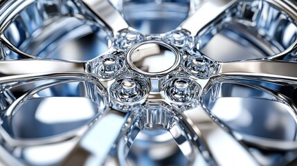 Close-up of a shiny chrome car wheel.