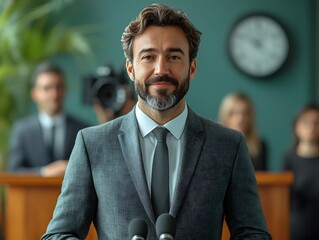 Confident business leader addressing media at corporate merger announcement