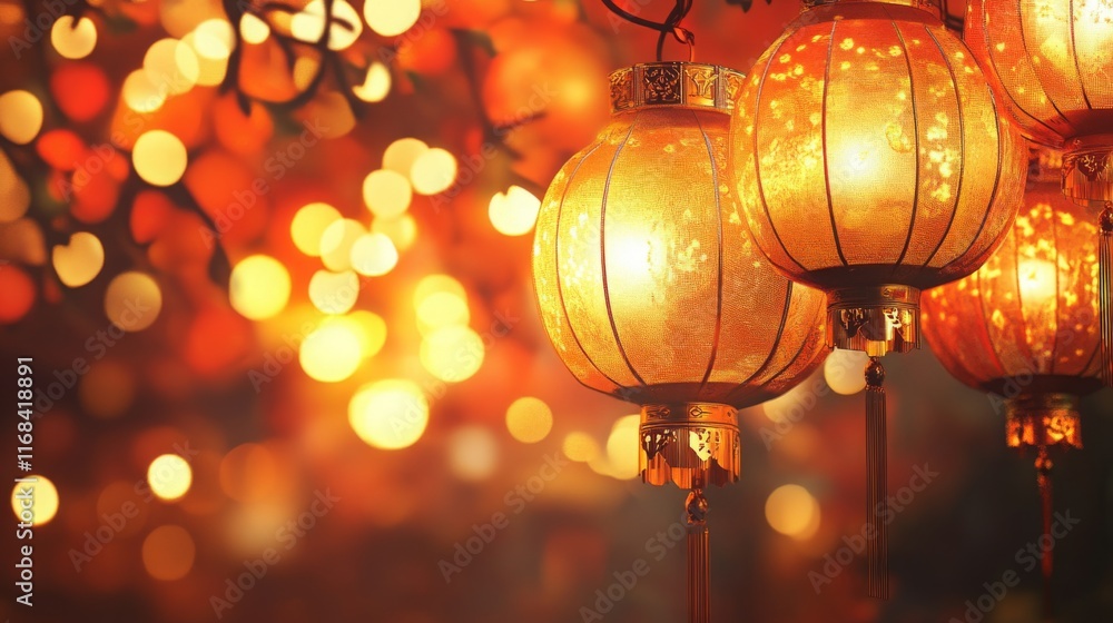 Poster A vibrant scene featuring glowing lanterns against a backdrop of warm bokeh lights, creating a festive and inviting atmosphere.