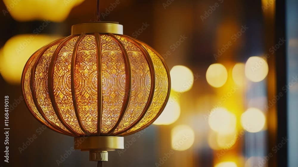 Poster a warm, decorative lantern with an intricate design, glowing softly against a blurred background of 