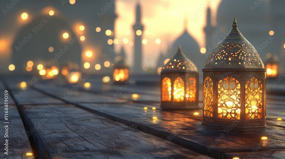 Poster a serene scene featuring decorative lanterns glowing softly on a wooden surface, surrounded by warm 