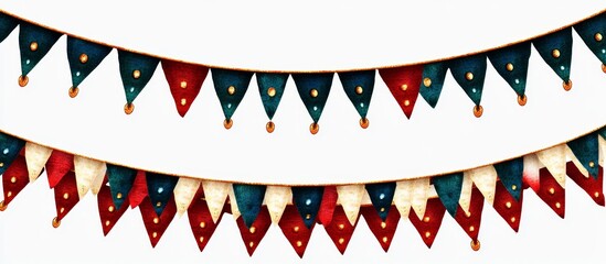 Two festive bunting garlands with red, teal, and cream flags and gold accents isolated on white.