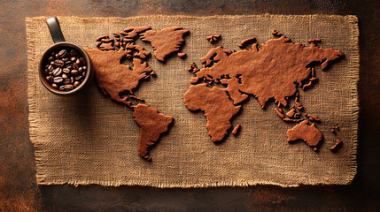 A coffee-themed world map made of browns and burlap, featuring a cup of coffee beans, blending geography and culinary art.
