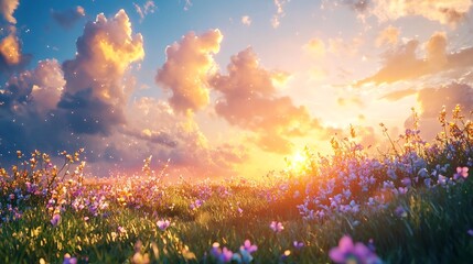 Ethereal Dreamscape:Serene Meadow with Fluffy Clouds and Glowing Sunbeams