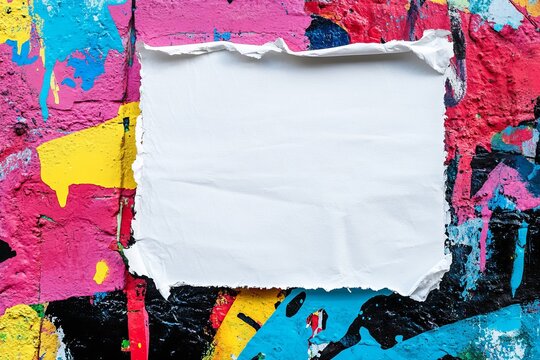 Torn white paper on colorful graffiti wall.
