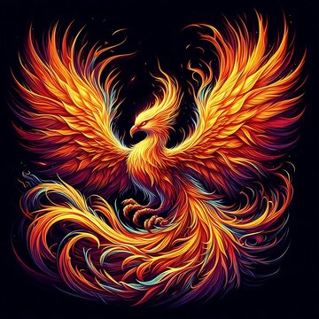 Illustration of generative ai results with a phoenix theme with feathers that glow like fire