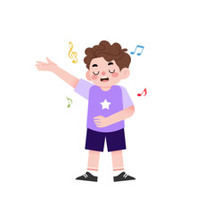 Happy Boy Singing Musical Notes Cartoon Illustration Child Singing Joyful Kid Purple Shirt Kids