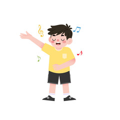 Joyful Boy Singing Song from Book Cartoon Illustration Music Notes