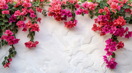 Bright pink bougainvillea flowers cascading down on white wall background. Generative AI