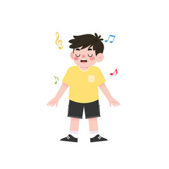 Joyful Boy Singing Cartoon Illustration Music Notes Happy Child Yellow Shirt