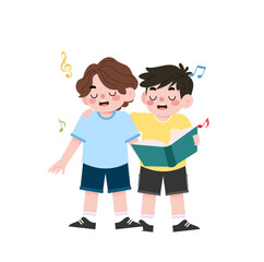 Two Boys Singing Together Holding Songbook Cartoon Illustration Kids Choir Musical Performance