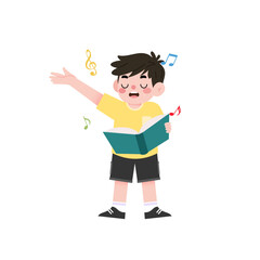 Happy Boy Singing Cartoon Illustration Music Notes Joyful Child Singing Performance