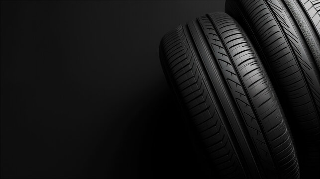 Four black car tires on black background with empty copy space for advertisements. Generative AI