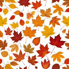 Fototapeta premium Autumn Maple Leaves in Orange, Yellow, and Red Colorful Fall Foliage Seamless Pattern Illustration Maple Leaves and Oak Foliage for Autumn Decoration October Autumn Leaves in Brown, Yellow, and Orange