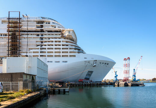 Saint-Nazaire, France - September 21, 2022: Prow of the MSC Euribia cruise ship under construction in the Chantiers de l'Atlantique shipyard on a sunny day.