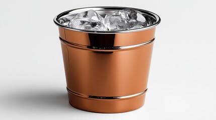 Copper ice bucket with ice cubes on white background.