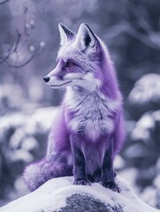 Naklejka premium Purple Fox on Snowy Rock