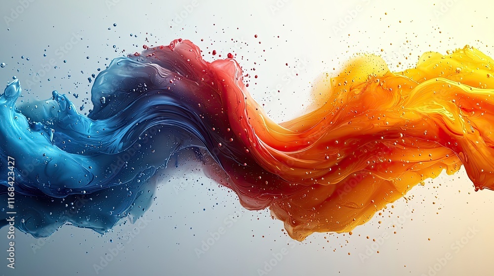 Poster colorful fluid motion creating an abstract wave pattern with splashes and droplets in a vibrant disp