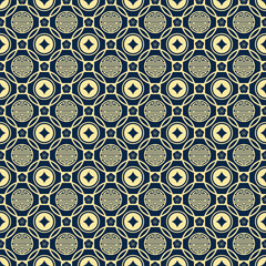 Traditional Chinese coin seamless pattern. Oriental ornament decor in dark blue and gold color tone. Vector design for background, wallpaper, wrapping paper, carpet, textile, fabric, backdrop, woven.