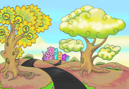 cartoon landscape illustration with big city buildings background. made in hand draw style for all purpose background design