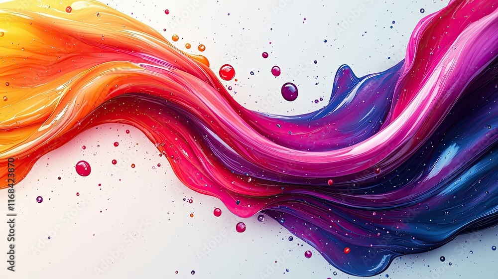 Poster vibrant fluid motion with colorful waves and droplets creating a dynamic abstract design