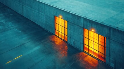 Aerial View of Modern Industrial Building Roof Minimalism Soft Golden Hour Clean Lines Geometry Structure