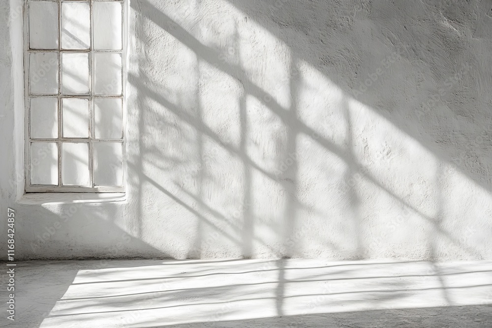 Aufkleber Sunlight streams through window casting shadows on white wall and floor.
