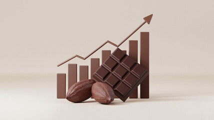 Illustration of a chocolate bar and cocoa beans with an upward trend line, representing rising cocoa prices, perfect for economic, agricultural, or food industry visuals.