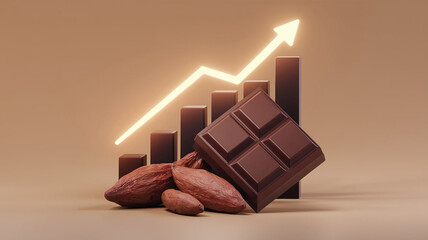 Illustration of a chocolate bar and cocoa beans with an upward trend line, representing rising cocoa prices, perfect for economic, agricultural, or food industry visuals.