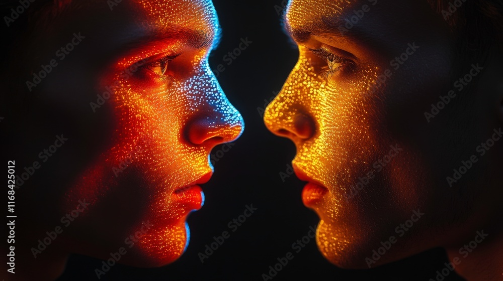 Poster close-up portraits of two faces illuminated with vibrant colors and textured light patterns against 