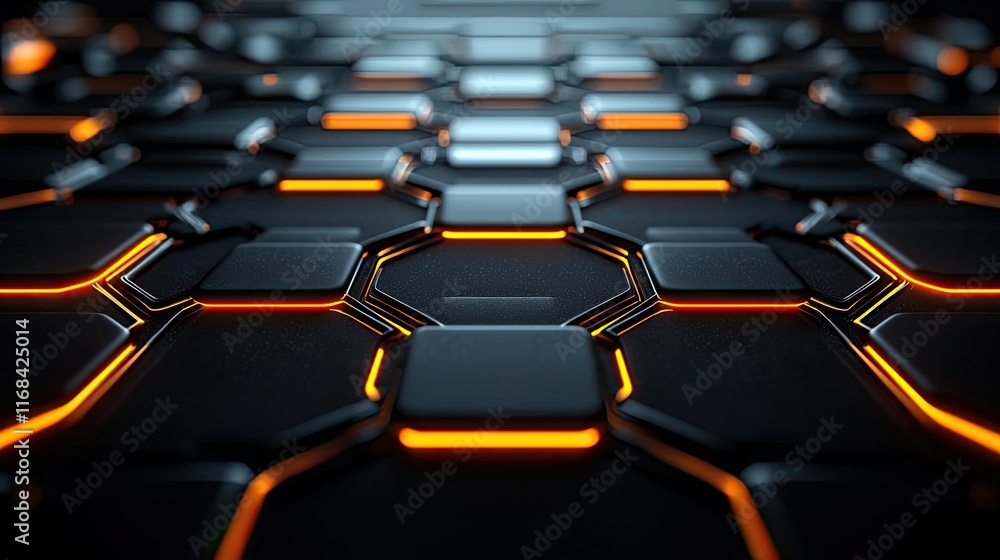 Poster Chalkboard abstract background idea. Close-up view of a futuristic hexagonal pattern with glowing orange lines.