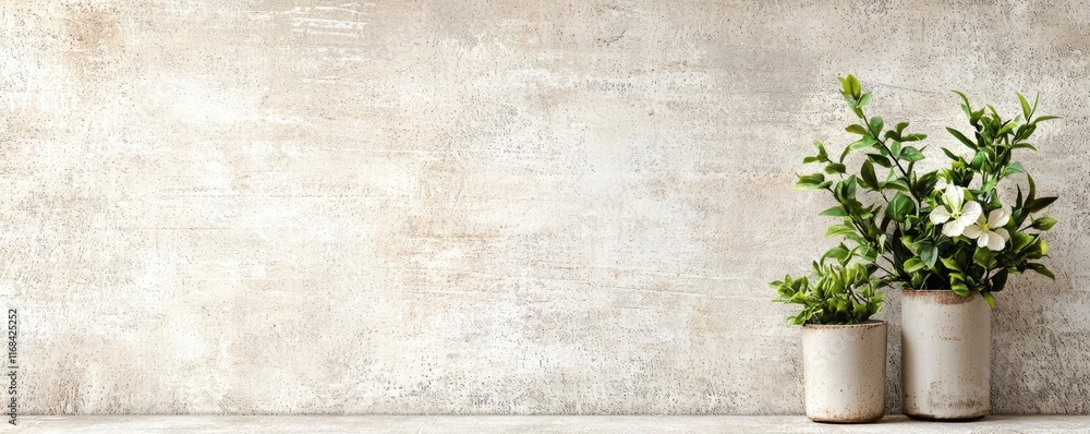 Aufkleber grungy abstract background idea. delicate green plants in elegant pots against a textured, neutral b
