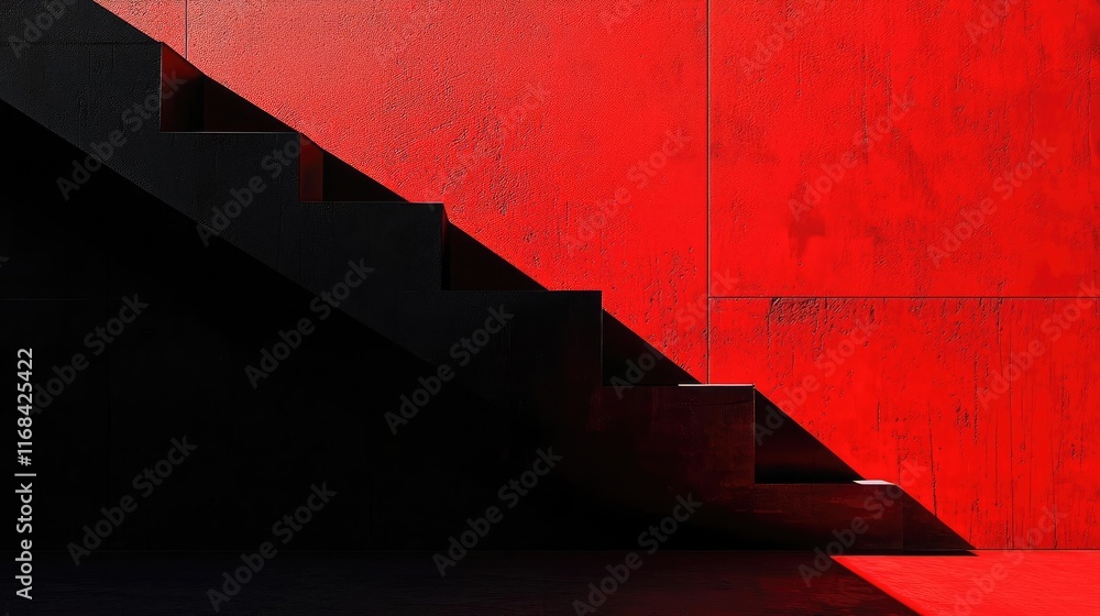 Poster Grungy abstract background idea. Abstract staircase design with contrasting red and black colors showcasing modern minimalism.
