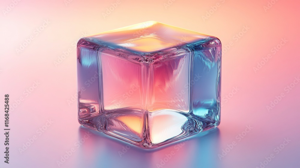 Poster ethereal transparent cube with vibrant color gradients reflecting soft light against a smooth backgr