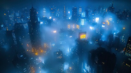 Obraz premium Aerial View of a Futuristic Cityscape at Night with Neon Lights and Dense Fog Creating an Enigmatic Atmosphere Over Tall Skyscrapers and Urban Architecture