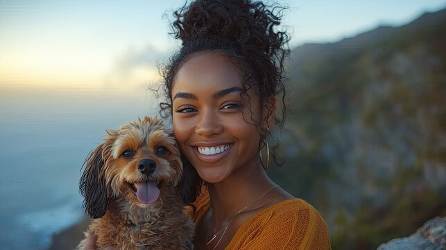 Smiling woman holding a small dog at sunset by the ocean on a scenic cliff