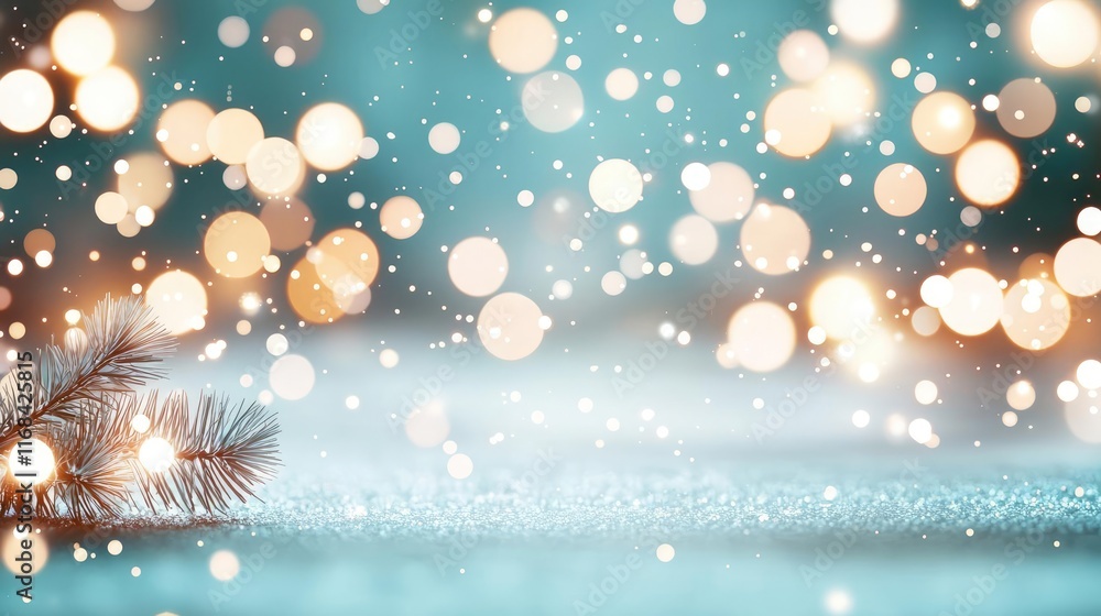Poster Galaxy abstract background concept. A serene winter scene with softly falling snow and sparkling bokeh lights.