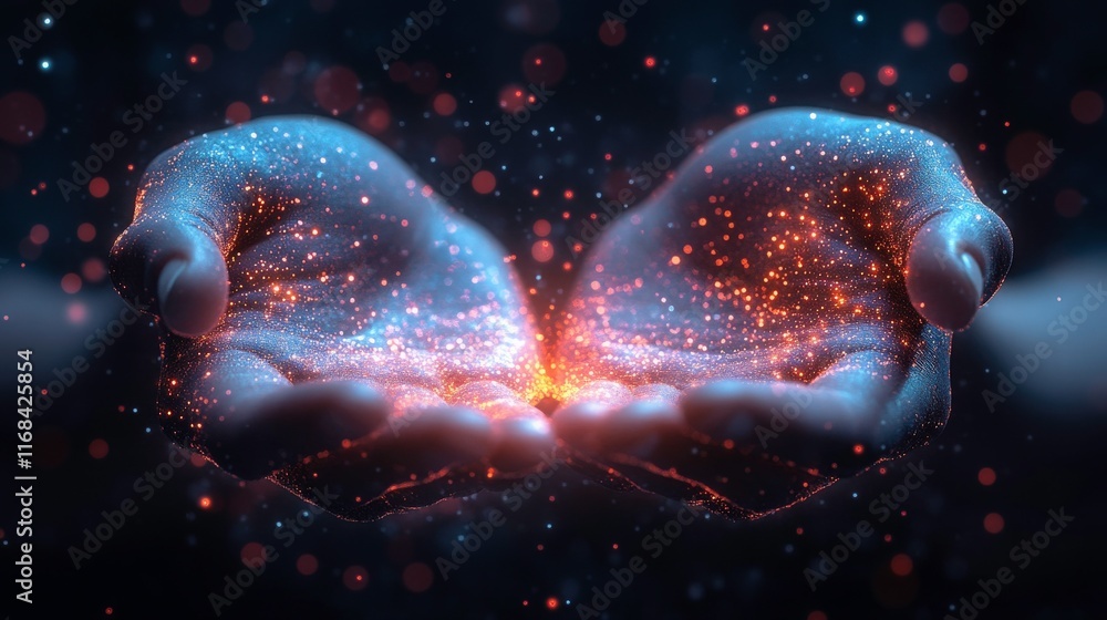 Poster ethereal hands holding glowing particles of light and energy in a mystical dark background represent