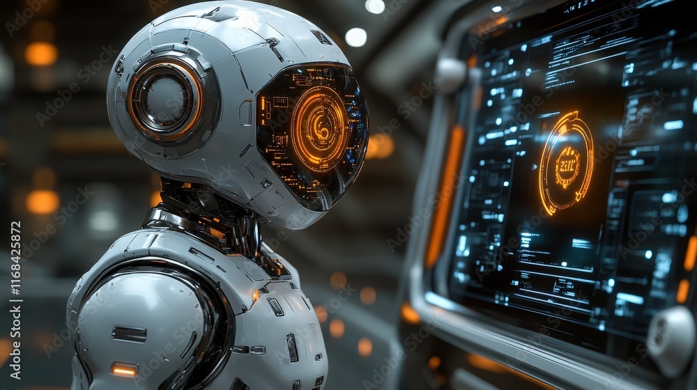 Aufkleber futuristic humanoid robot with glowing features interacts with a high-tech digital screen in a sci-f