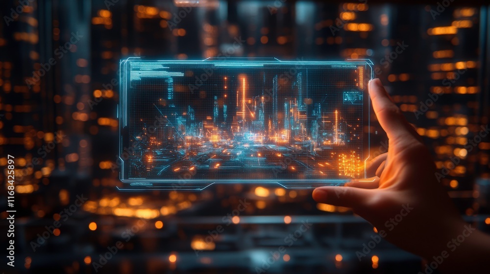 Poster futuristic interface displaying a neon cityscape with bright lights and digital graphics in a high-t